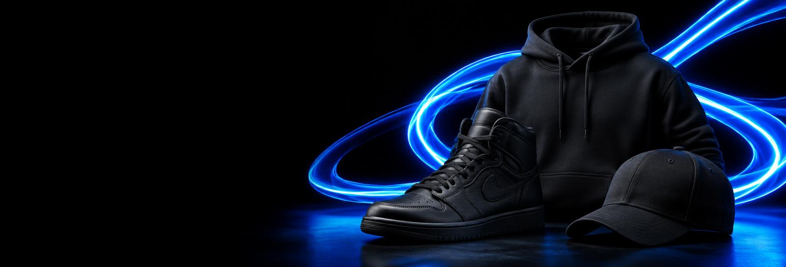 Black sneaker, hoodie and cap illuminated by electric blue light